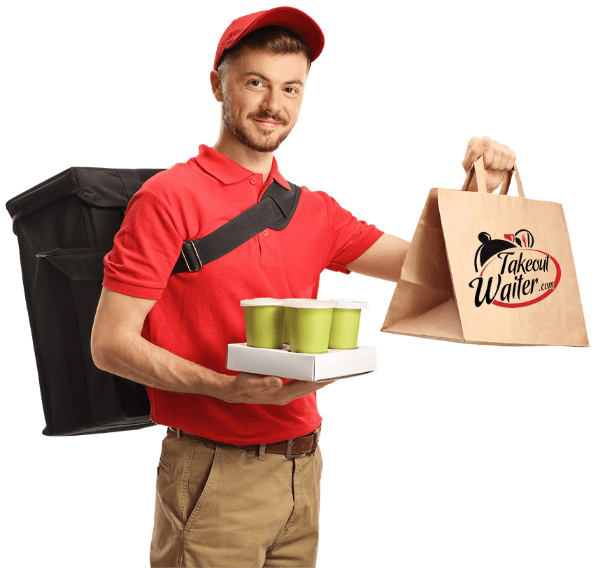Courier in red uniform with packages